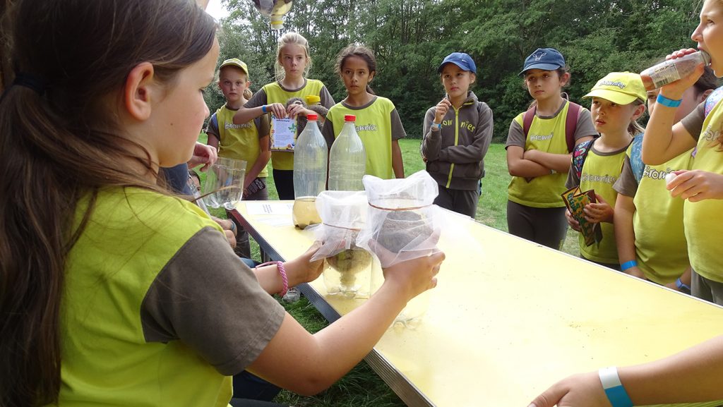 Brownies purifying water with nature filters, including charcoal, sand and gravel.  